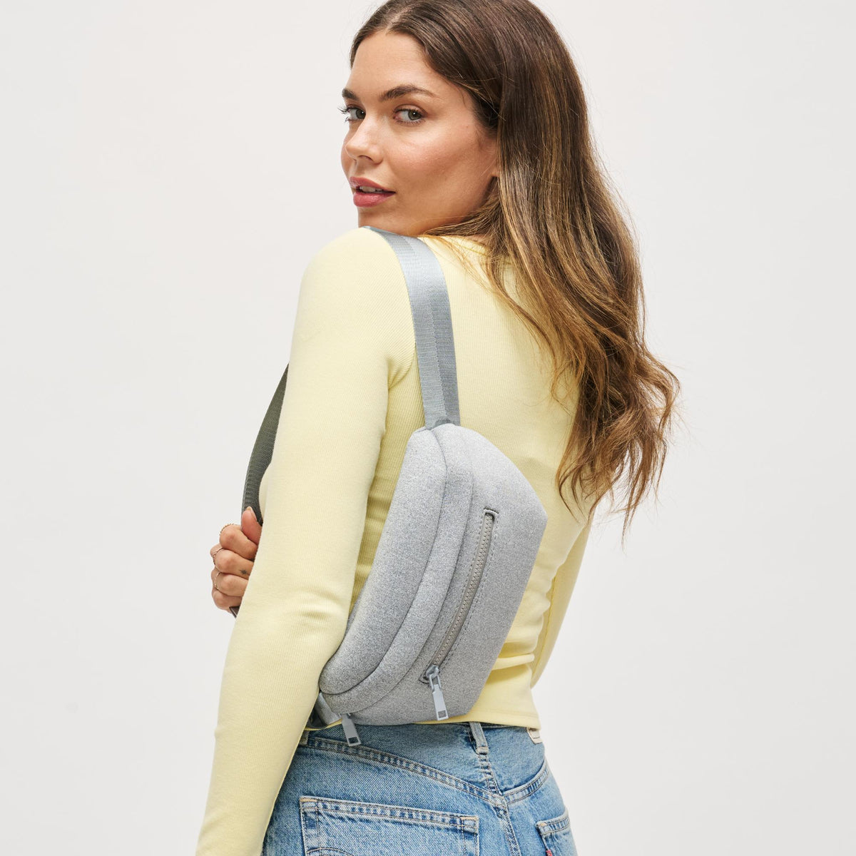 Woman wearing Heather Grey Urban Expressions Celestine Belt Bag 840504200212 View 2 | Heather Grey