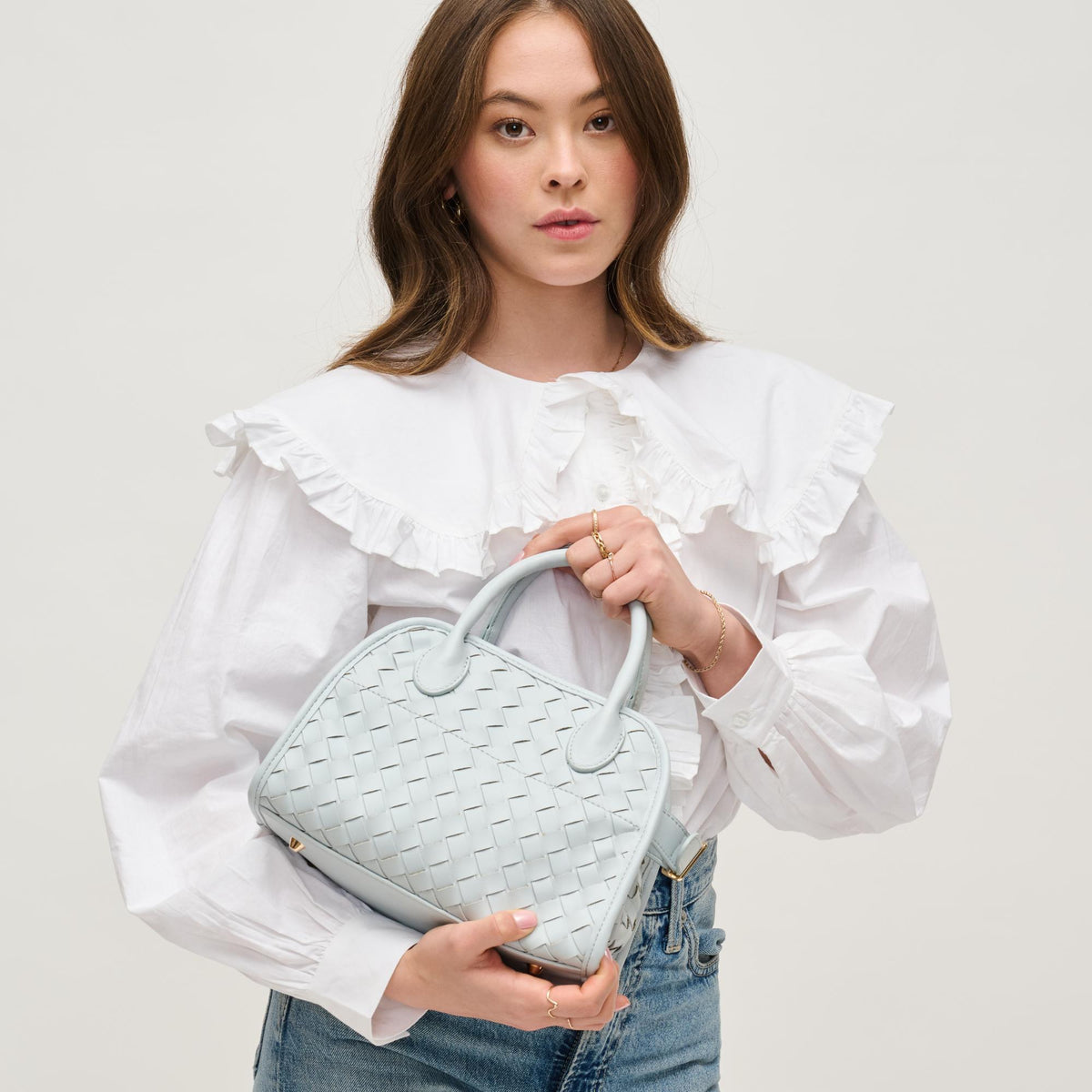 Woman wearing Ice Blue Urban Expressions Kristie Crossbody 840611146137 View 1 | Ice Blue