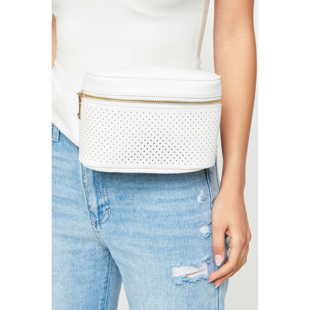 Woman wearing White Urban Expressions Hawthorn - Perforated Belt Bag NA-840611158628 View 4 | White