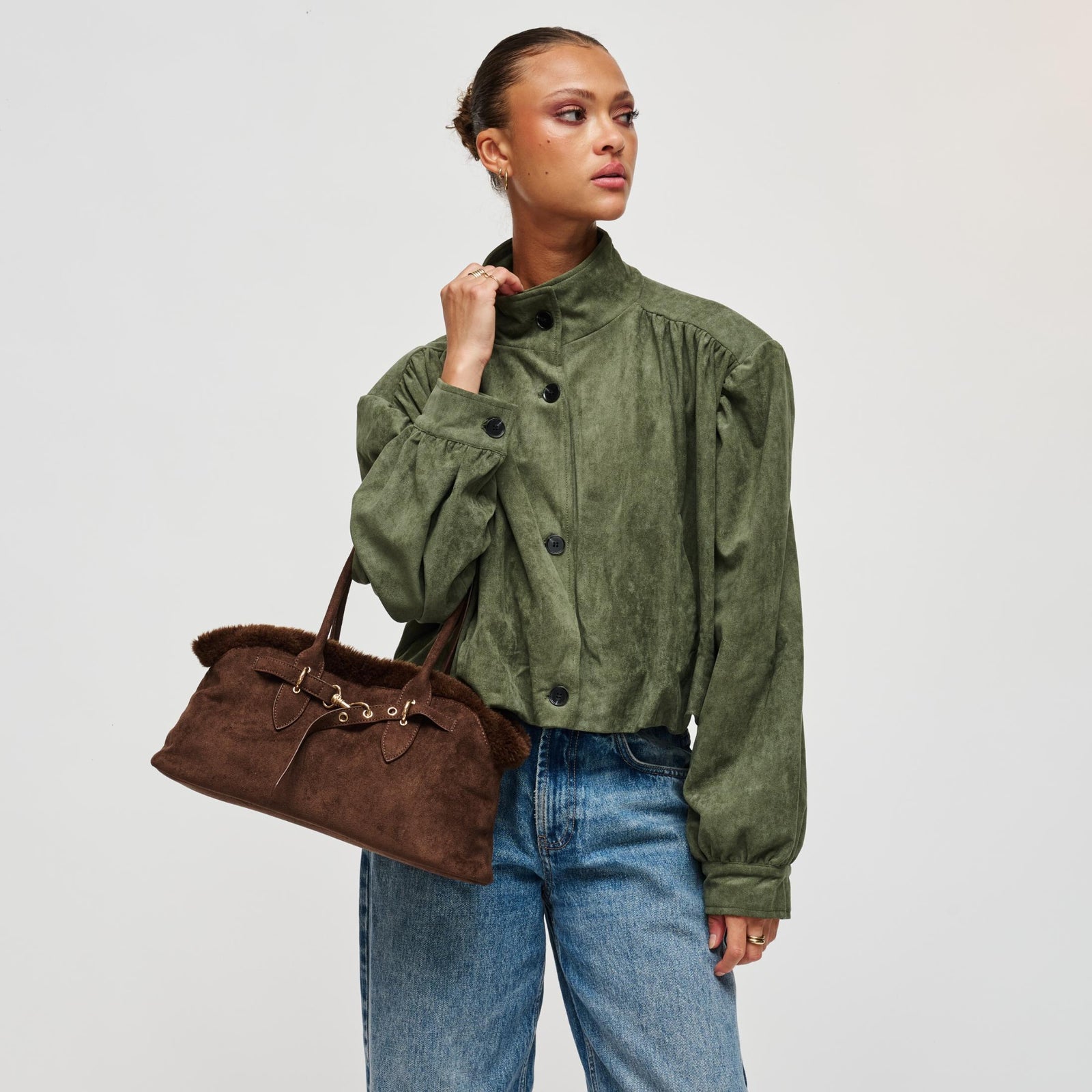 Woman wearing Chocolate Urban Expressions Tommy Satchel 840504212291 View 1 | Chocolate