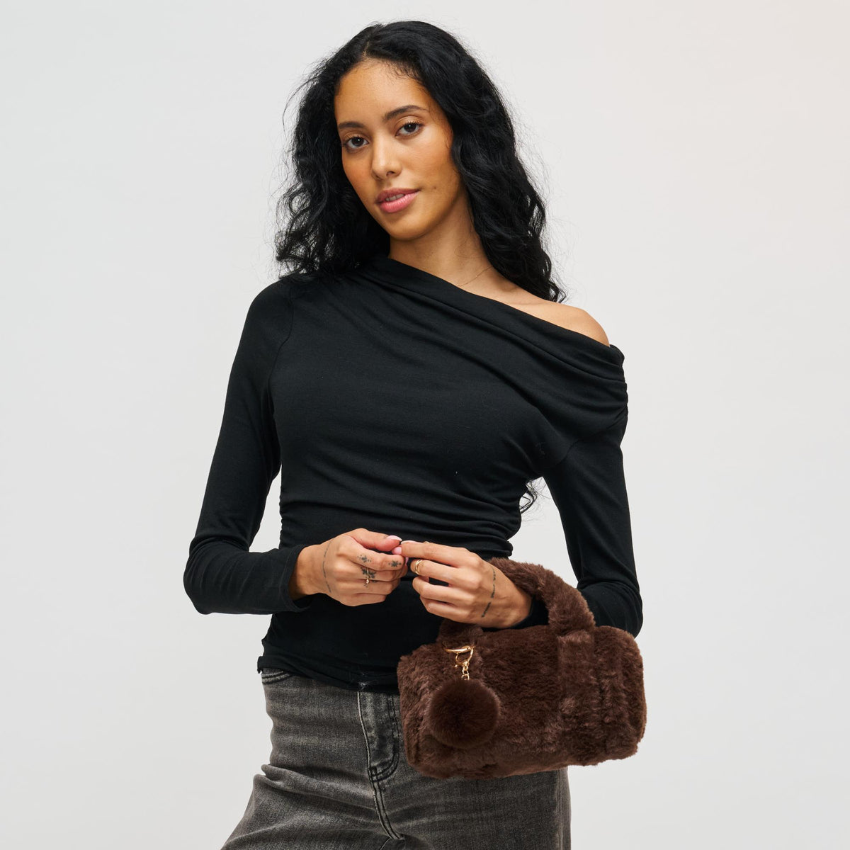 Woman wearing Chocolate Urban Expressions Lexi Crossbody 840611199843 View 2 | Chocolate