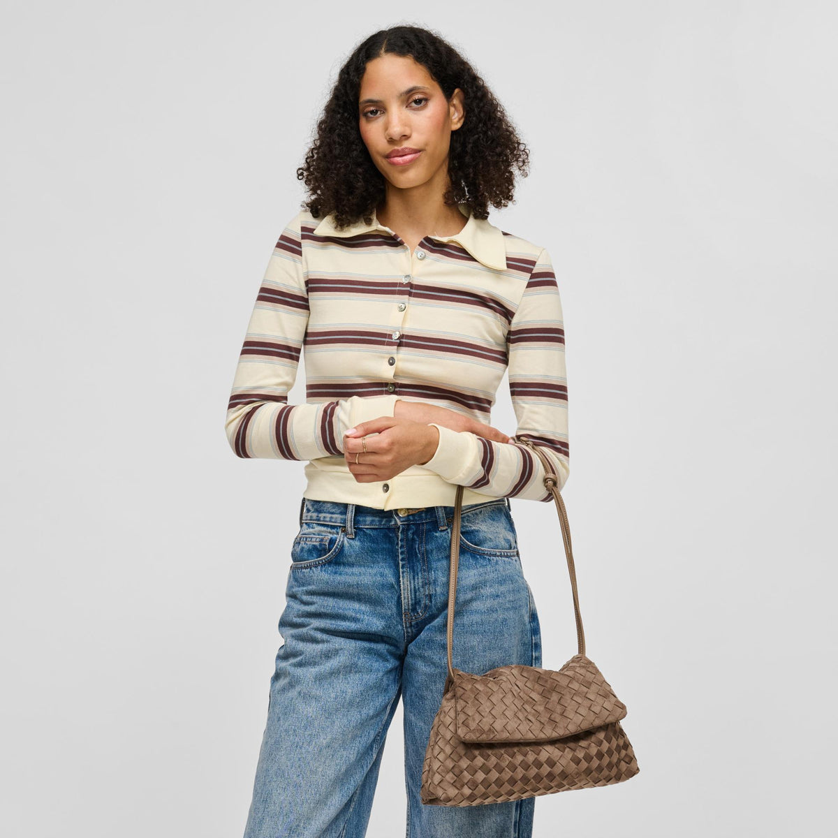 Woman wearing Taupe Urban Expressions Salem Crossbody 840504214684 View 2 | Taupe