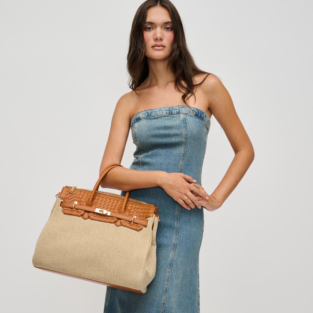 Woman wearing Natural Tan Urban Expressions Bertha Satchel 840611193711 View 2 | Natural Tan