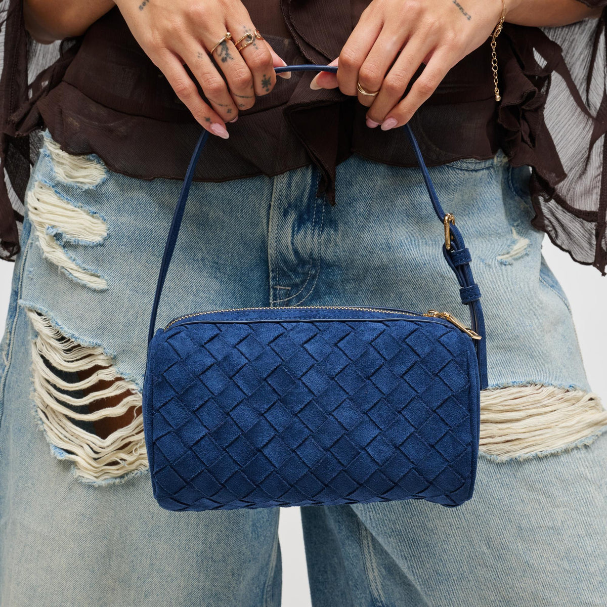 Woman wearing Midnight Urban Expressions Rose Shoulder Bag 840611199393 View 4 | Midnight