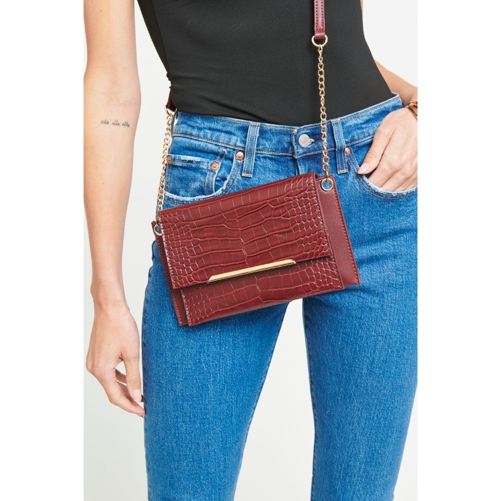 Woman wearing Burgundy Urban Expressions Asher Croc Crossbody 840611165398 View 1 | Burgundy