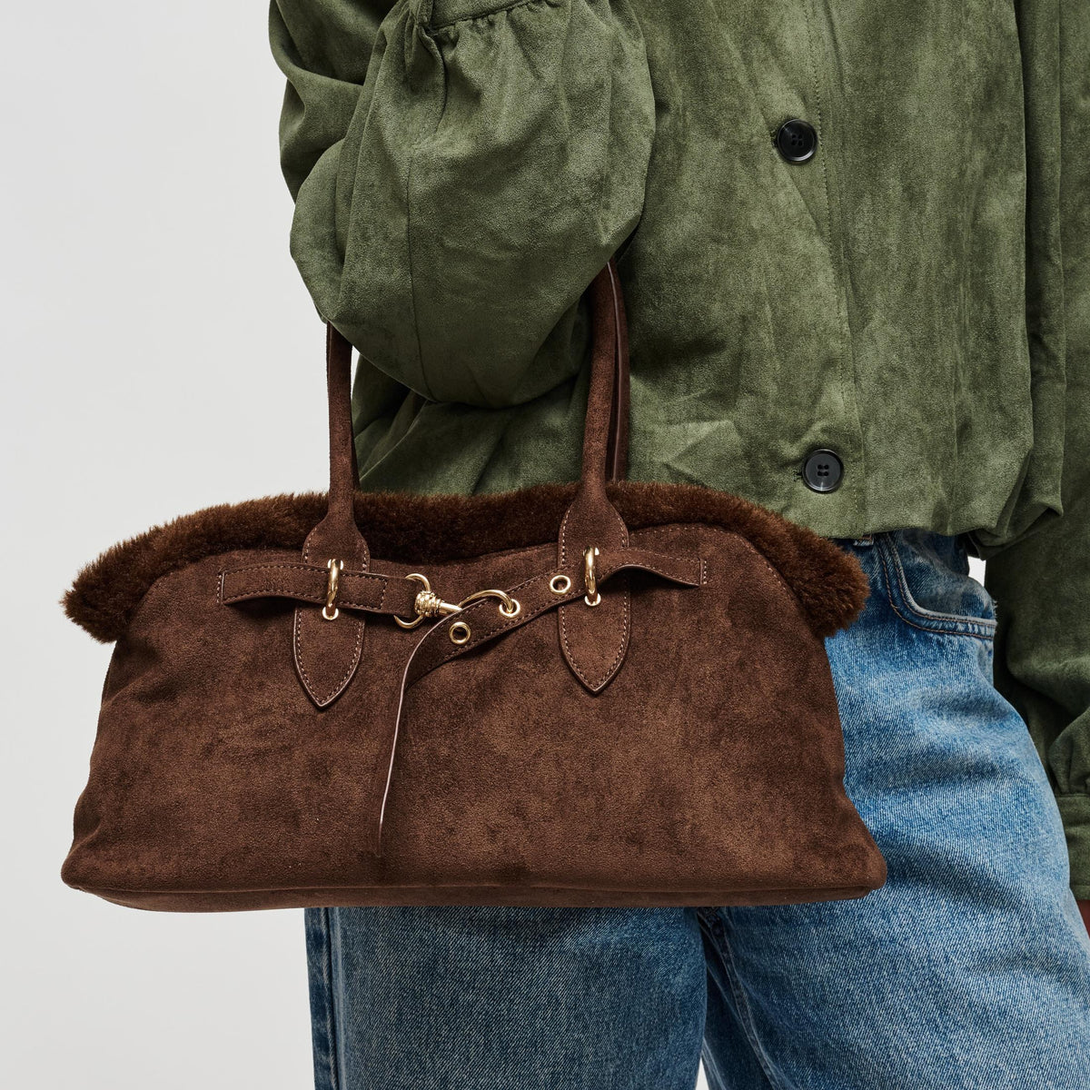 Woman wearing Chocolate Urban Expressions Tommy Satchel 840504212291 View 2 | Chocolate