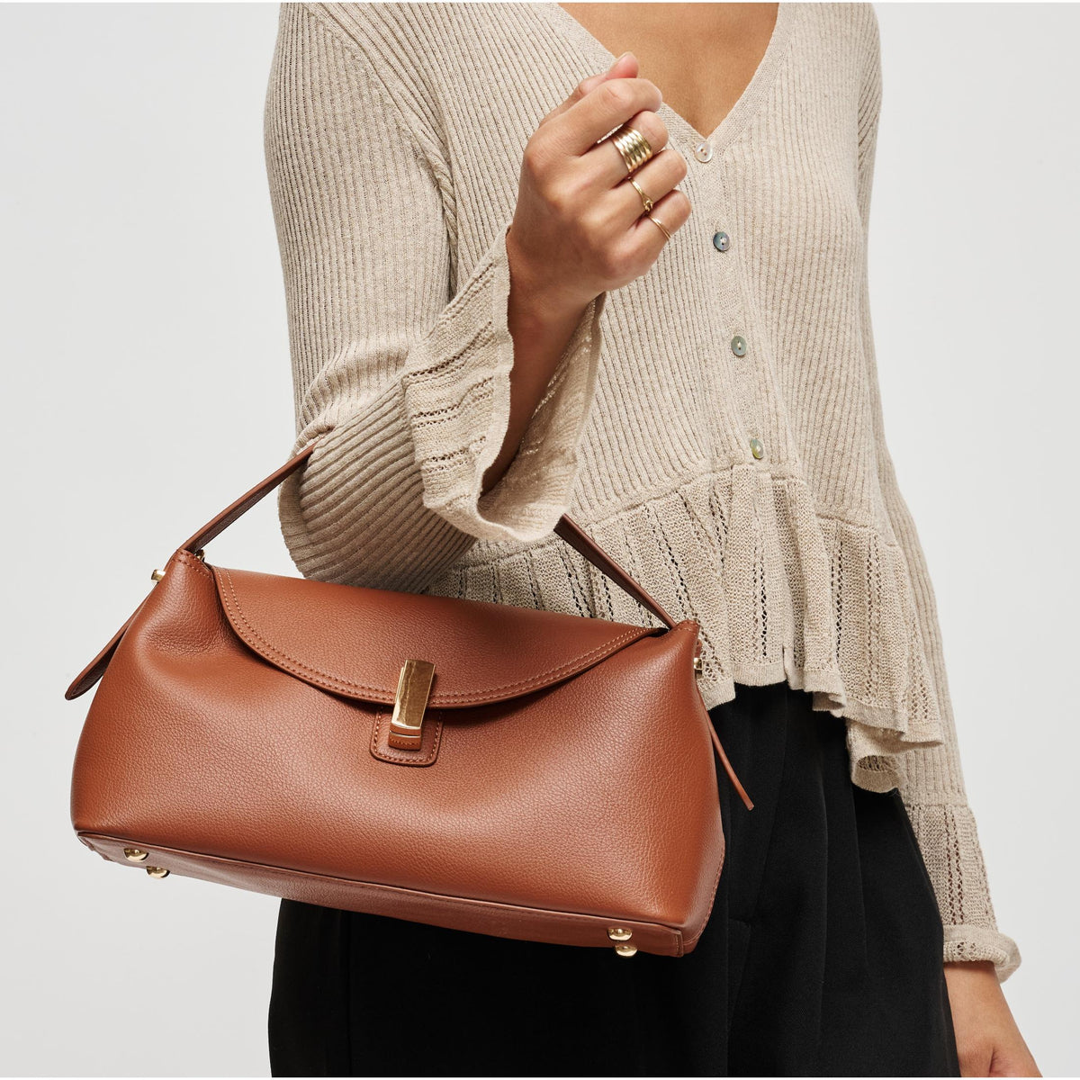 Woman wearing Cognac Urban Expressions Everleigh Crossbody 840504212864 View 2 | Cognac