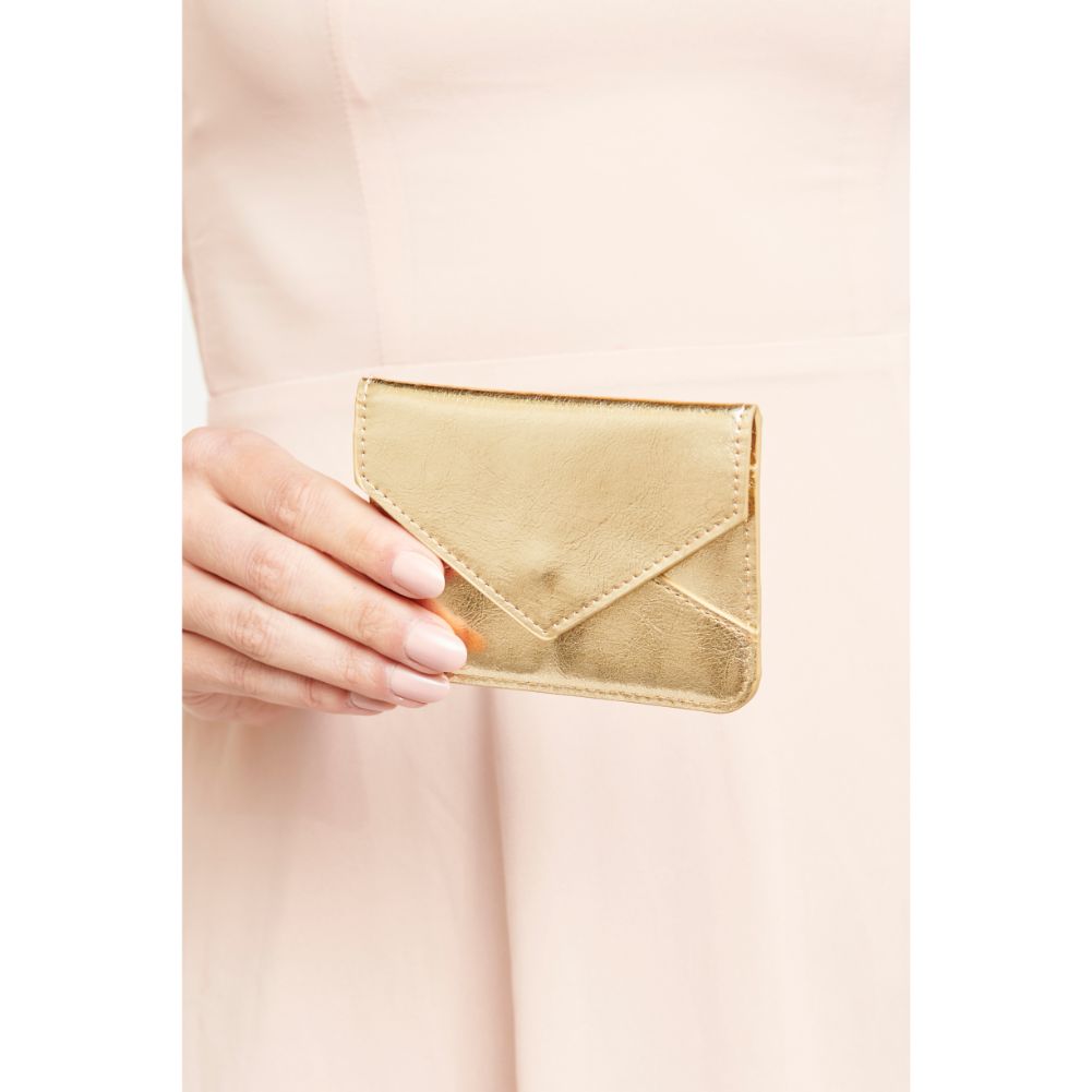 Woman wearing Light Gold Urban Expressions Fifi Metallic Card Holder 840611119421 View 3 | Light Gold