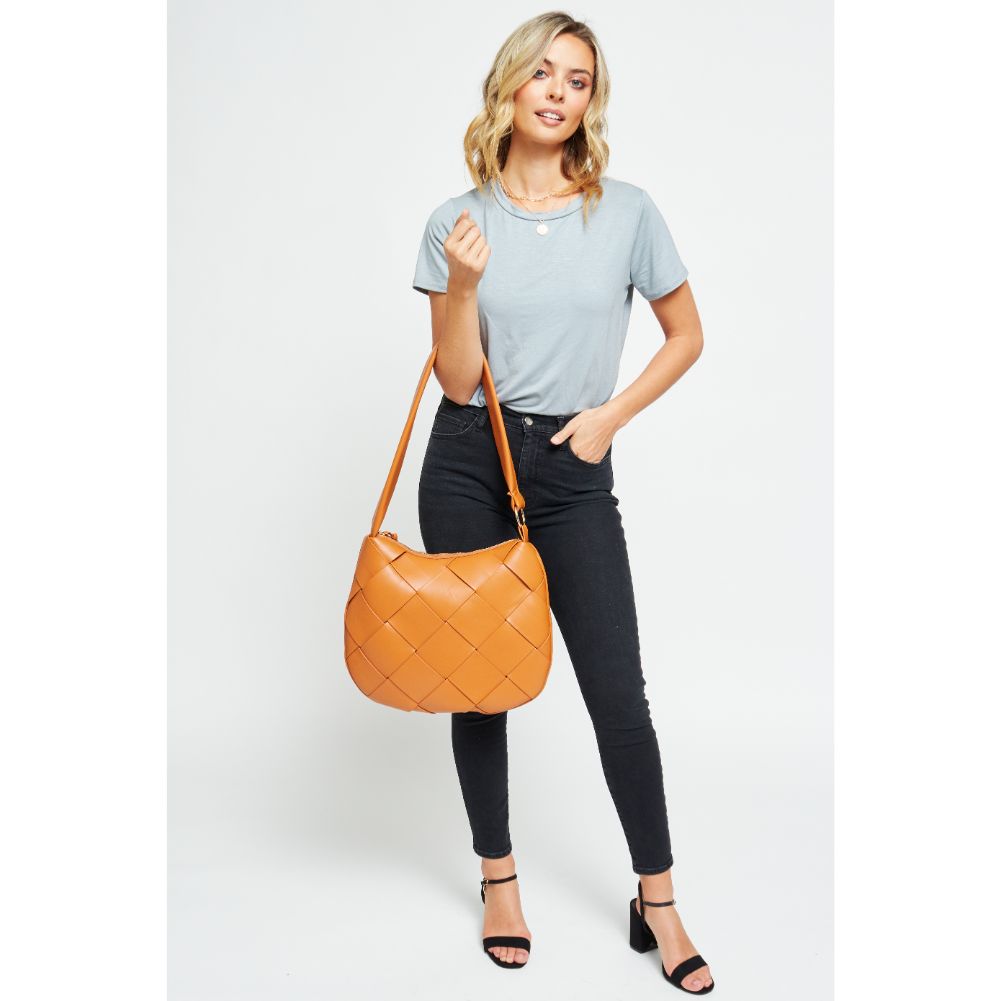 Woman wearing Tan Urban Expressions Mira Messenger 840611179289 View 2 | Tan