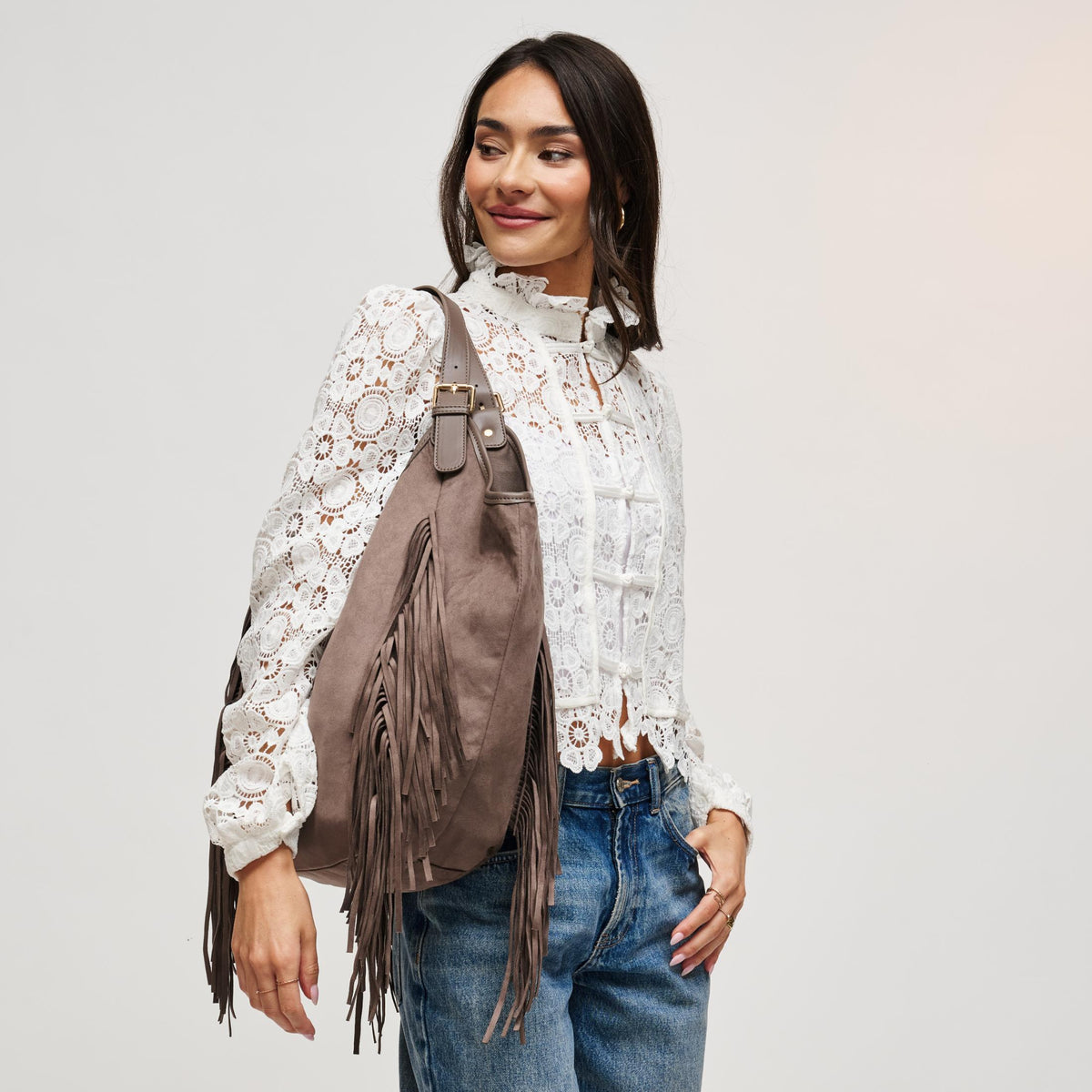 Woman wearing Taupe Urban Expressions Nyxie Tote 840504211560 View 2 | Taupe