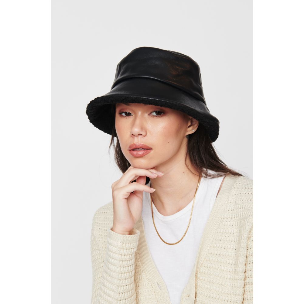 Woman wearing Black Urban Expressions Shearling Trim Bucket Hat Bucket Hat 818209014687 View 1 | Black