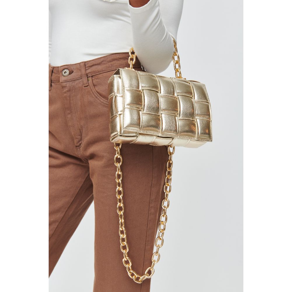 Woman wearing Gold Urban Expressions Ines Metallic Crossbody 840611100573 View 3 | Gold