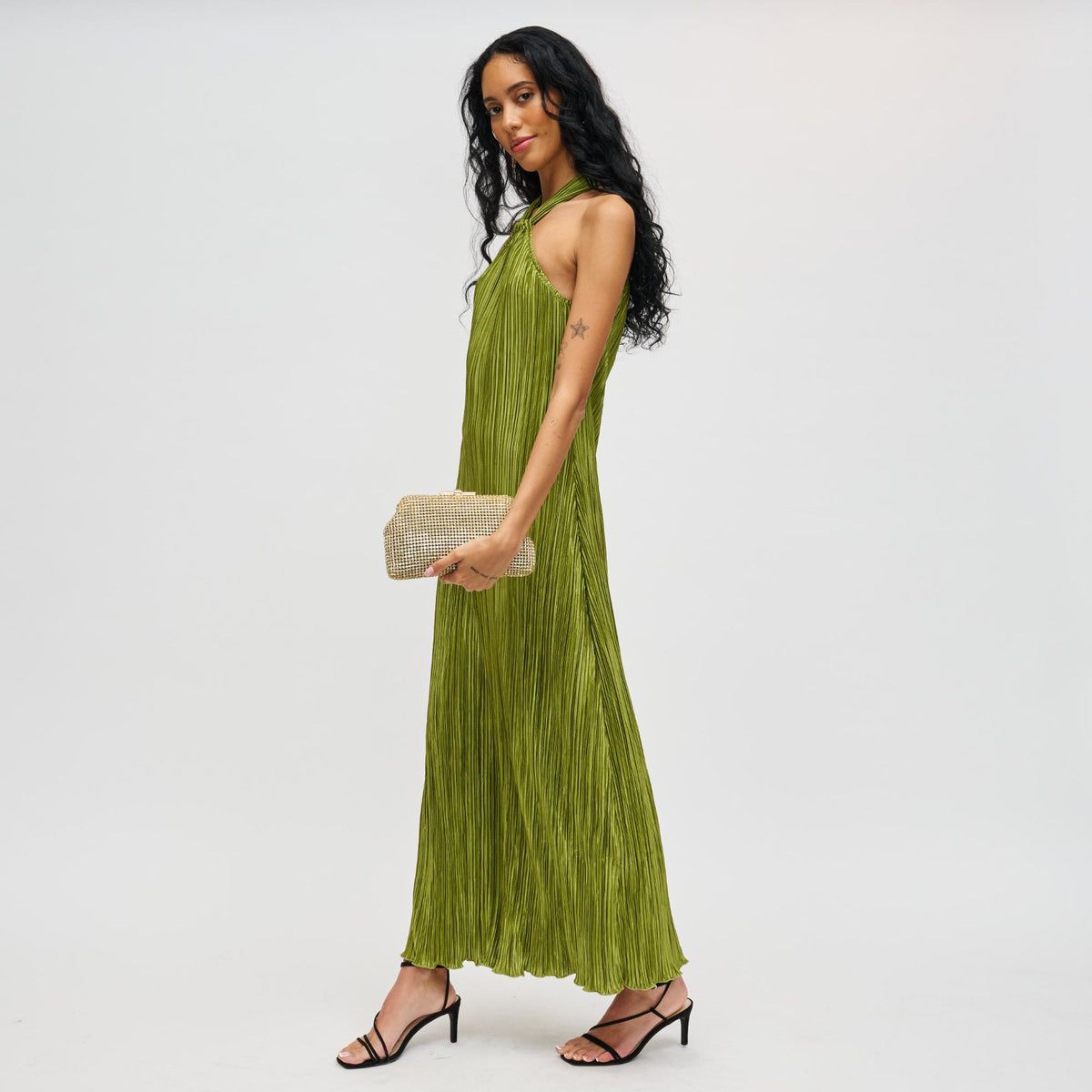 Woman wearing Gold Urban Expressions Delfina Evening Bag 840611198662 View 2 | Gold