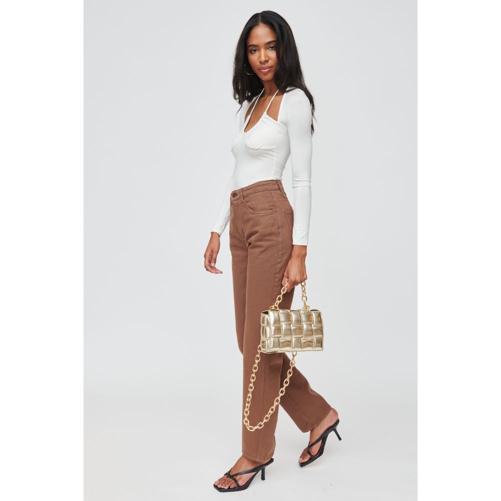 Woman wearing Gold Urban Expressions Ines Metallic Crossbody 840611100573 View 2 | Gold
