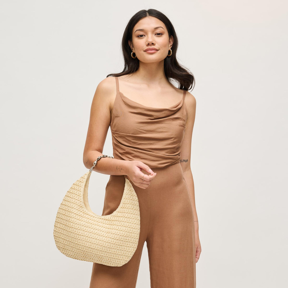 Woman wearing Beige Urban Expressions Bejeweled Hobo 840504204456 View 3 | Beige