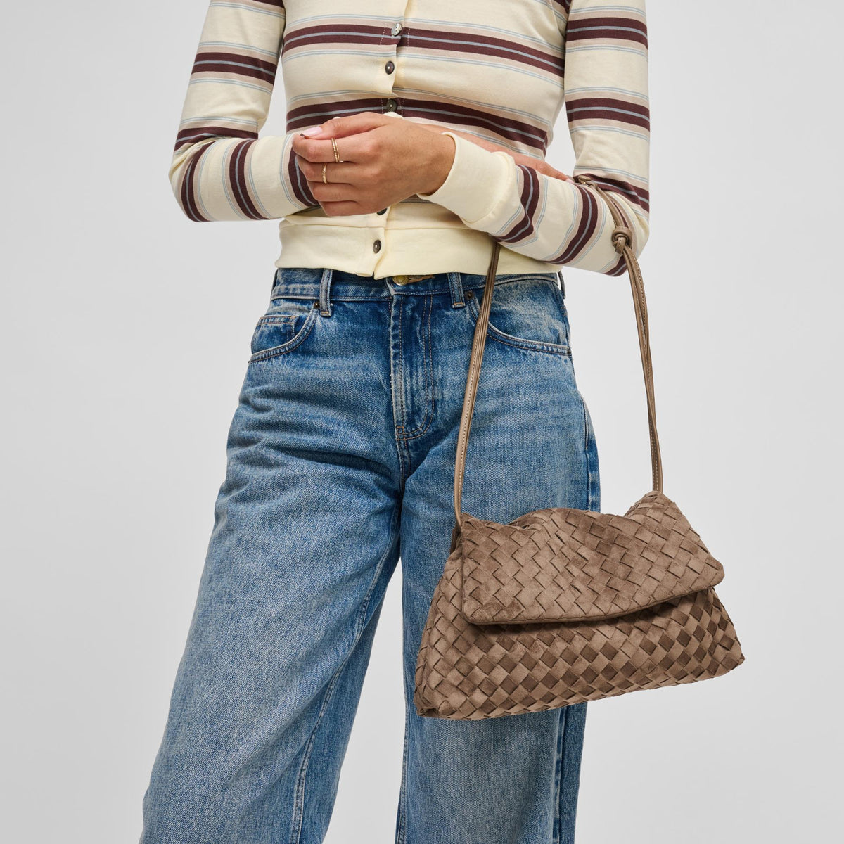 Woman wearing Taupe Urban Expressions Salem Crossbody 840504214684 View 3 | Taupe