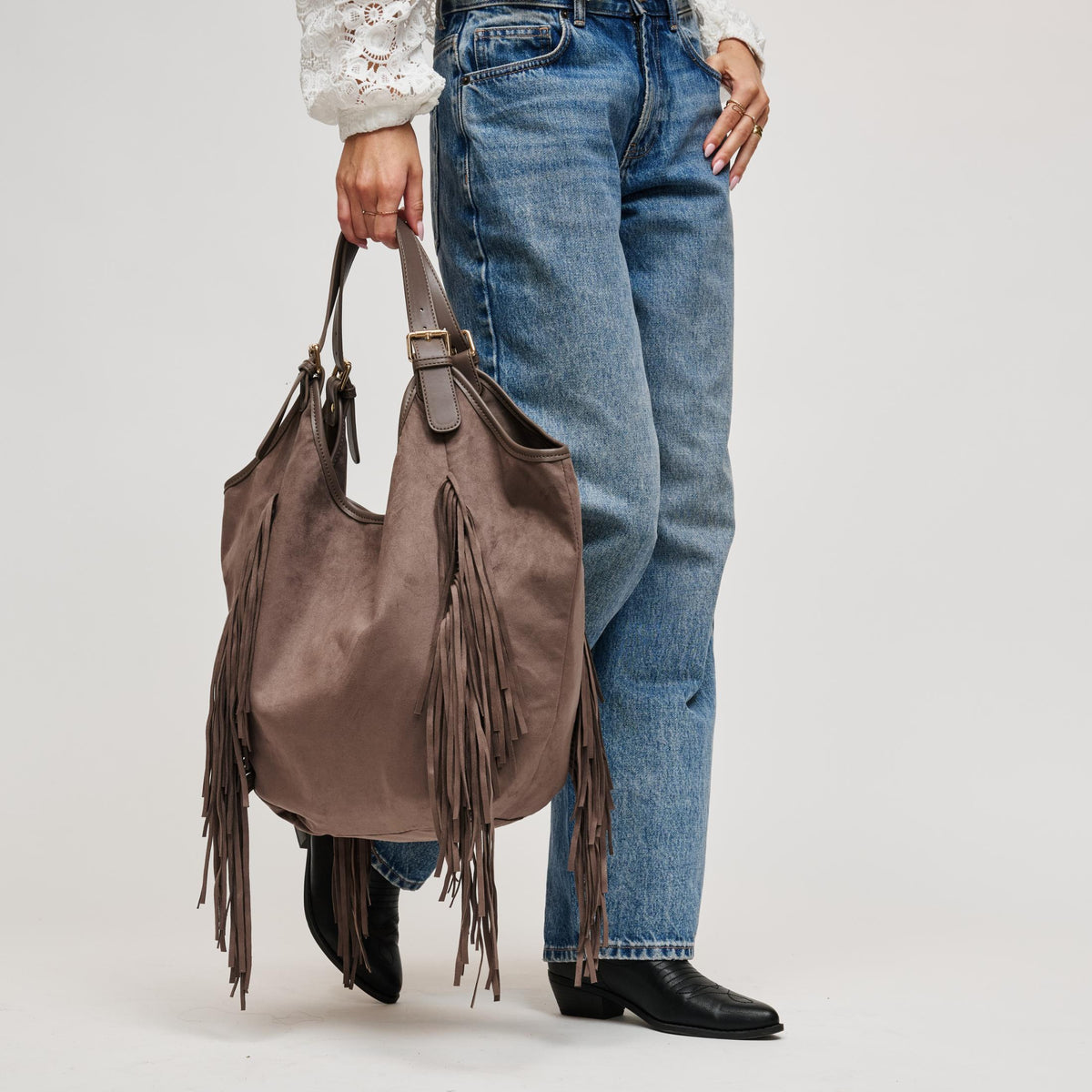 Woman wearing Taupe Urban Expressions Nyxie Tote 840504211560 View 1 | Taupe