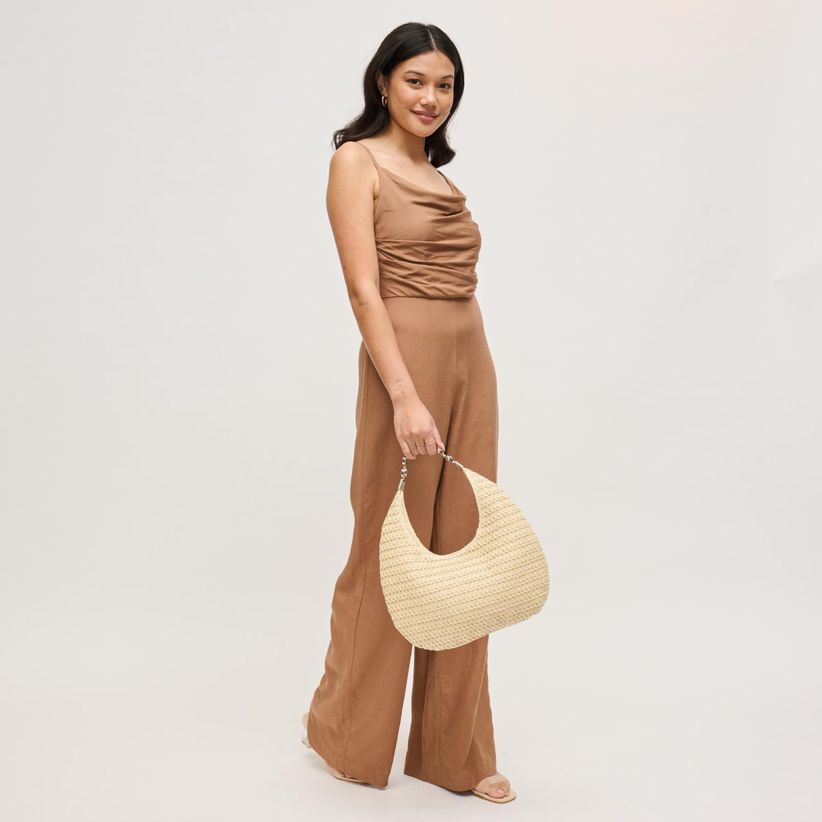 Woman wearing Beige Urban Expressions Bejeweled Hobo 840504204456 View 2 | Beige