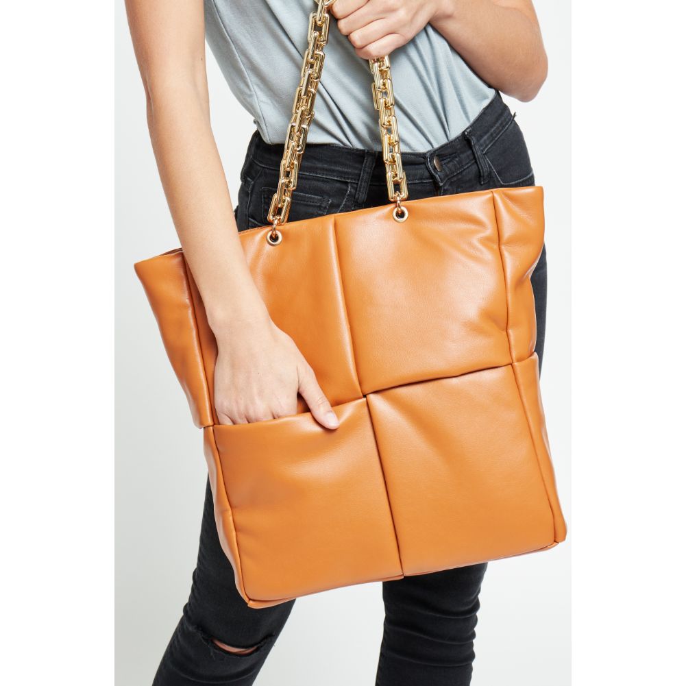 Woman wearing Tan Urban Expressions Zoe Tote 840611178572 View 2 | Tan