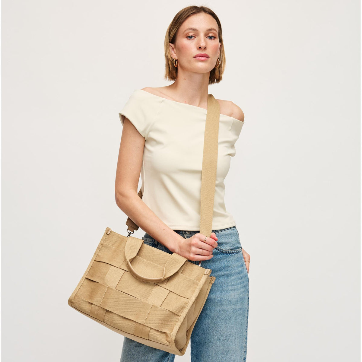Woman wearing Natural Urban Expressions Cherie Satchel 840611157010 View 2 | Natural