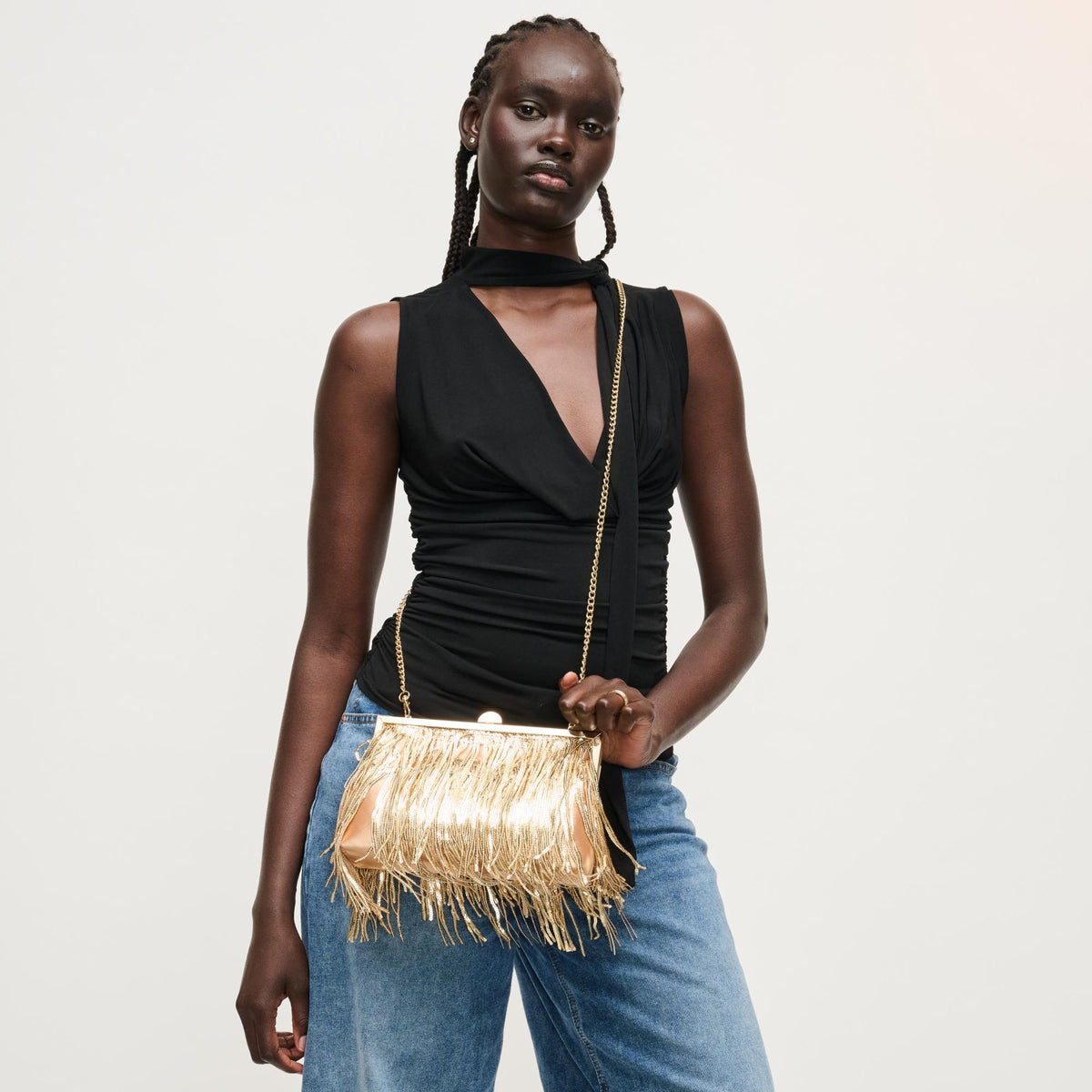 Woman wearing Gold Urban Expressions Celestia Evening Bag 840504206481 View 1 | Gold