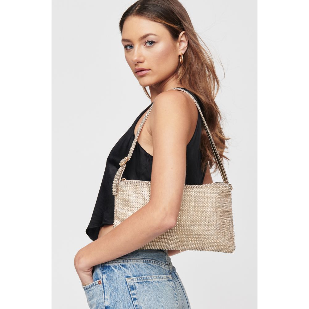 Woman wearing Gold Urban Expressions Glenda Evening Bag 840611104892 View 2 | Gold