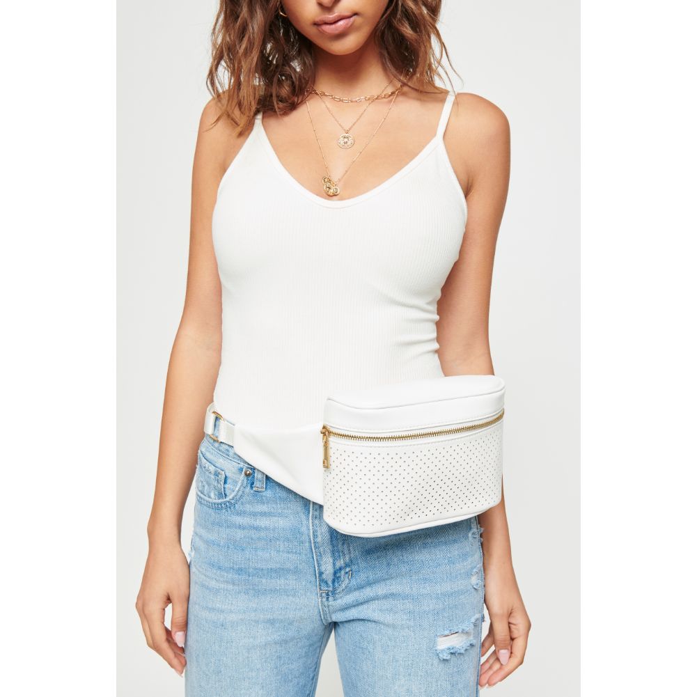 Woman wearing White Urban Expressions Hawthorn - Perforated Belt Bag NA-840611158628 View 1 | White