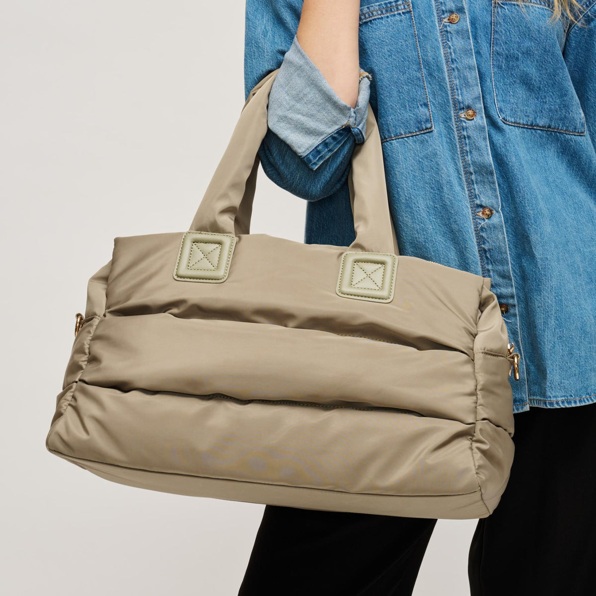 Woman wearing Sage Urban Expressions Mia Tote 840504204265 View 1 | Sage