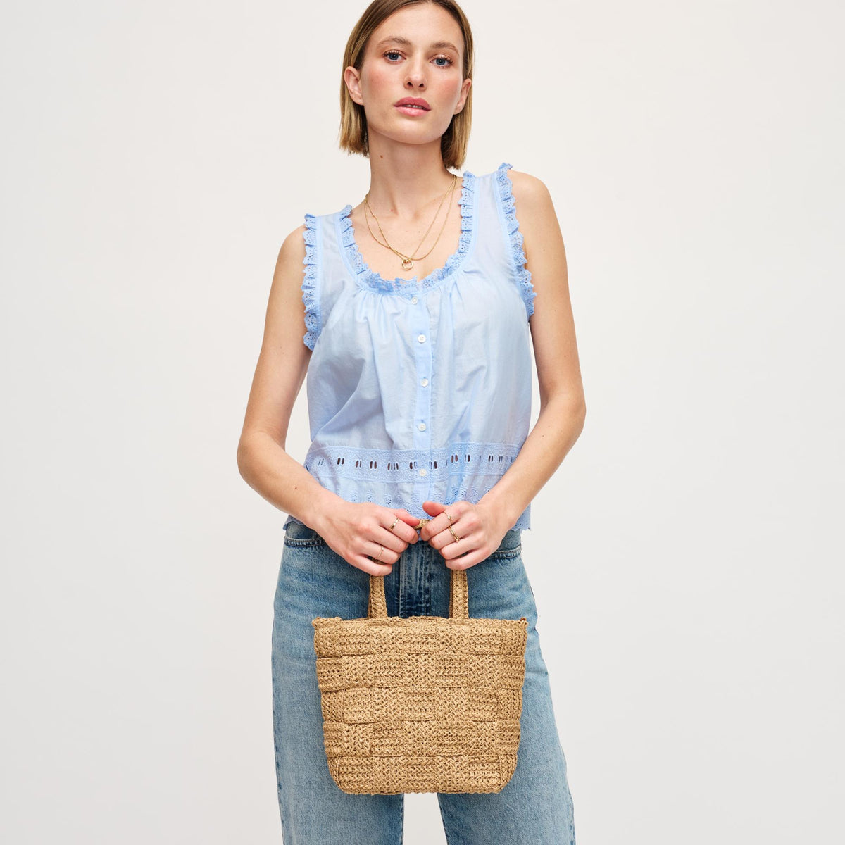Woman wearing Tan Urban Expressions Chiara Crossbody 840611158567 View 2 | Tan