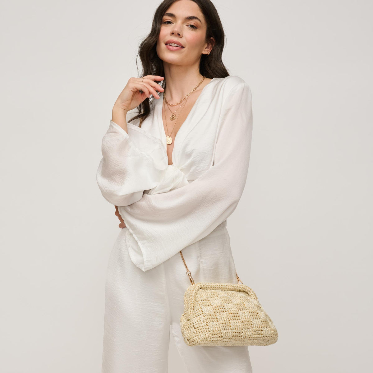 Woman wearing Cream Urban Expressions Annie Clutch 840611146267 View 2 | Cream