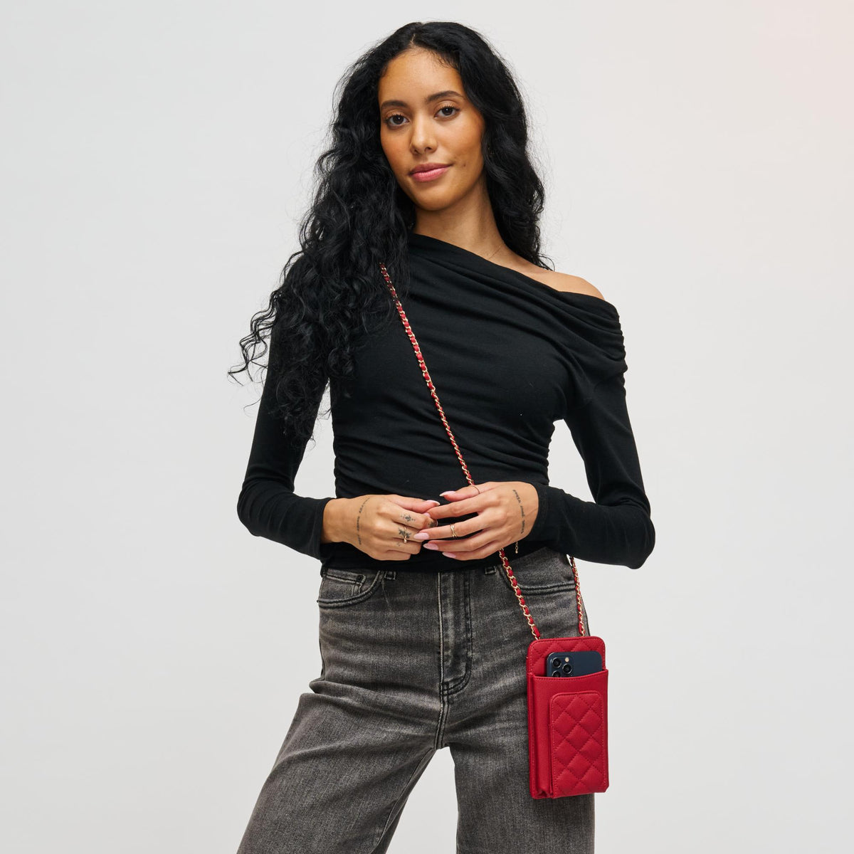Woman wearing Red Urban Expressions Brianna Cell Phone Crossbody 840504201387 View 1 | Red
