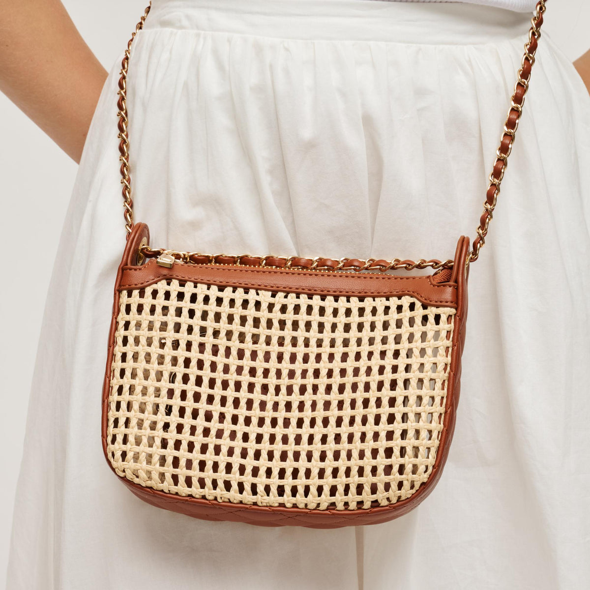 Woman wearing Natural Tan Urban Expressions Skyler Crossbody 840504204166 View 2 | Natural Tan