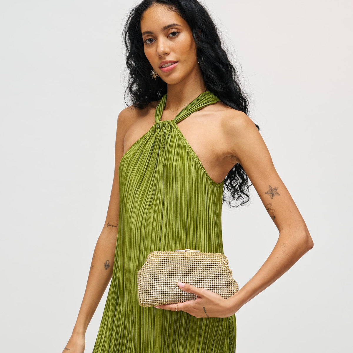 Woman wearing Gold Urban Expressions Delfina Evening Bag 840611198662 View 1 | Gold
