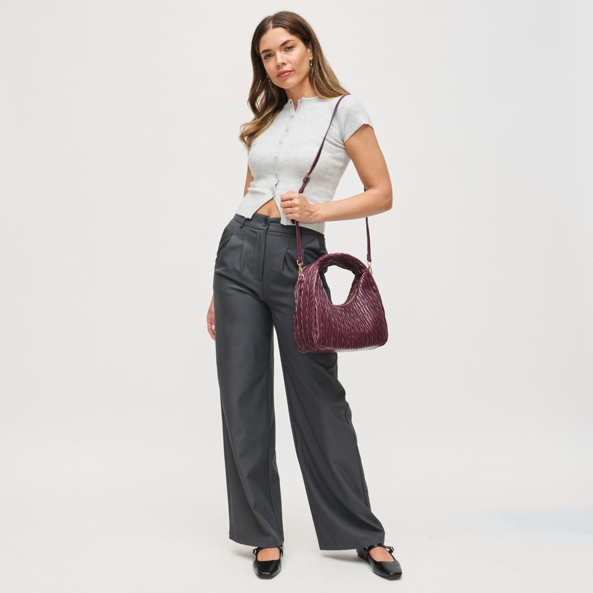 Woman wearing Wine Urban Expressions Amara Crossbody 840611198853 View 4 | Wine