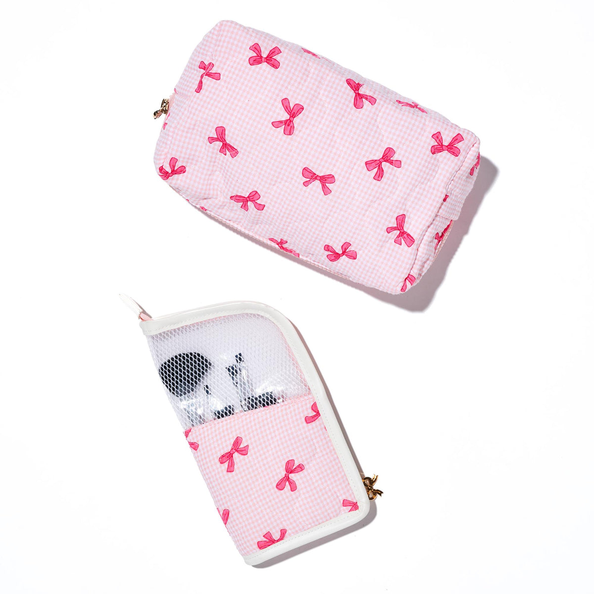 Woman wearing Pink Bow Urban Essentials Makeup MVP Brush Holder 840504201134 View 2 | Pink Bow