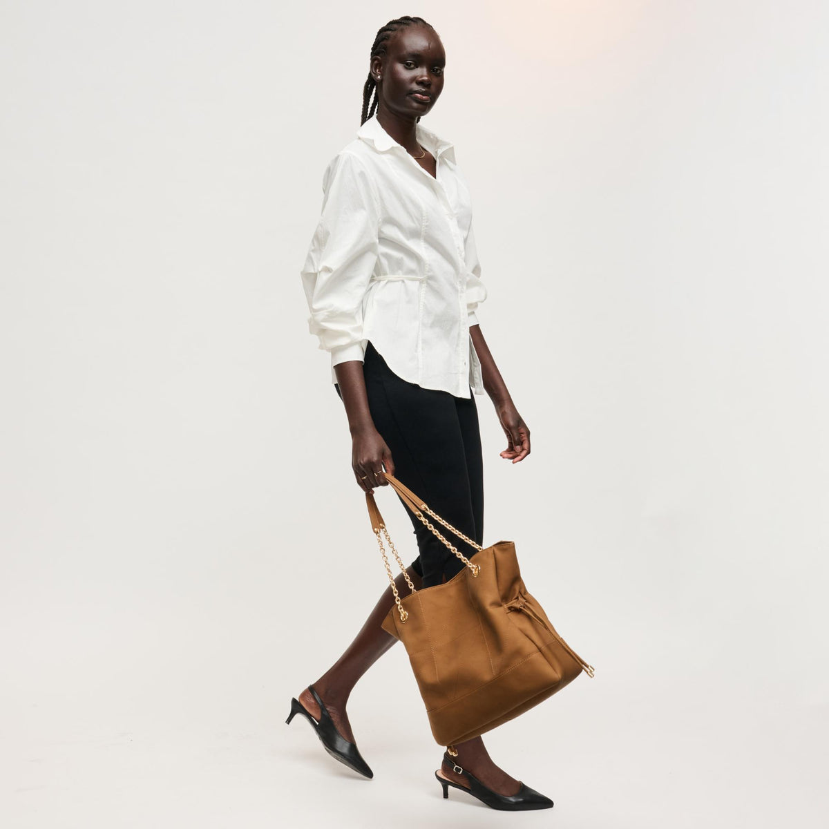 Woman wearing Cognac Urban Expressions Kinsley Tote 840504206405 View 2 | Cognac