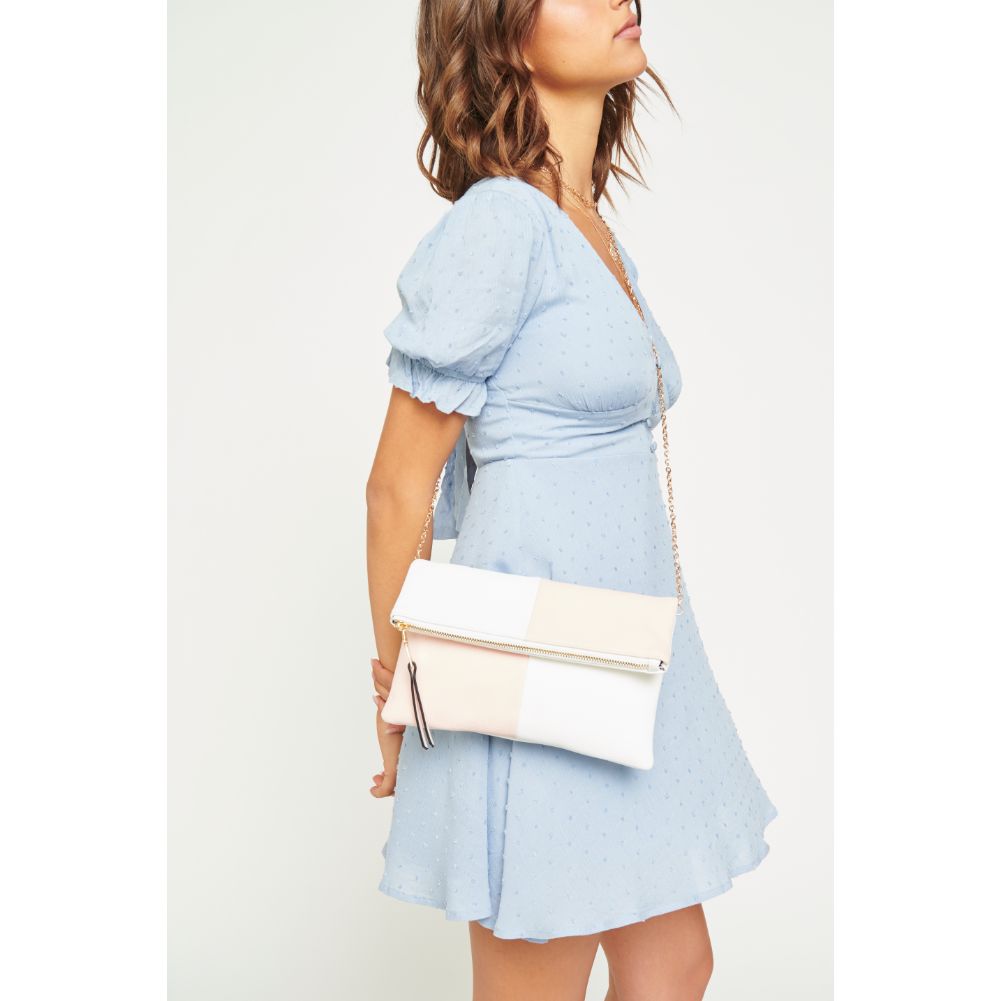 Woman wearing White Pink Urban Expressions Soraya Clutch NA-840611146786 View 1 | White Pink