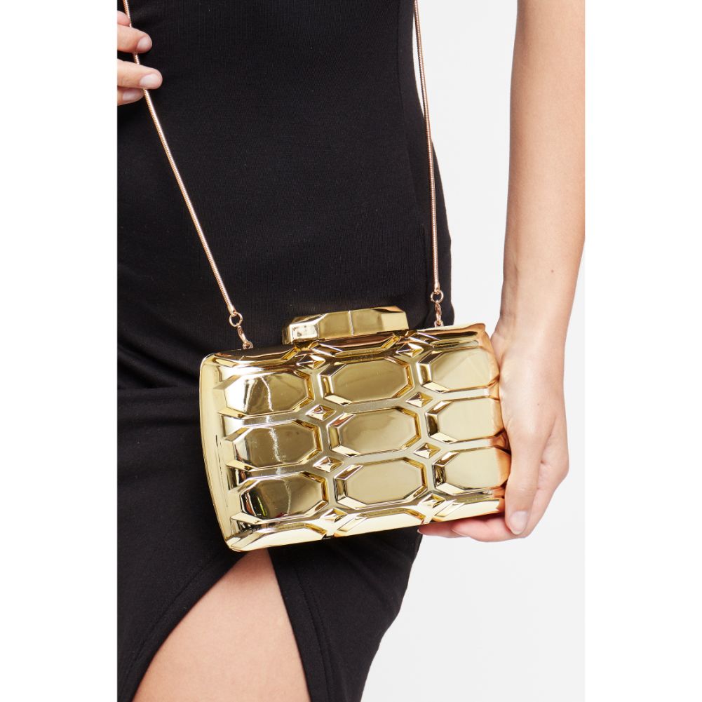 Woman wearing Gold Urban Expressions Rexha Evening Bag 840611171641 View 2 | Gold