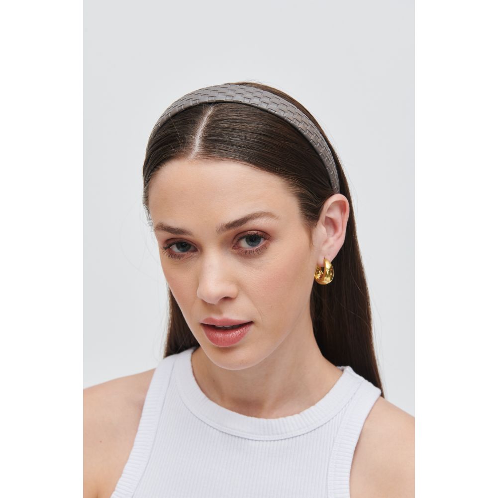 Woman wearing Grey Urban Expressions Embossed Woven Vegan Leather Headband Headband 818209014274 View 2 | Grey