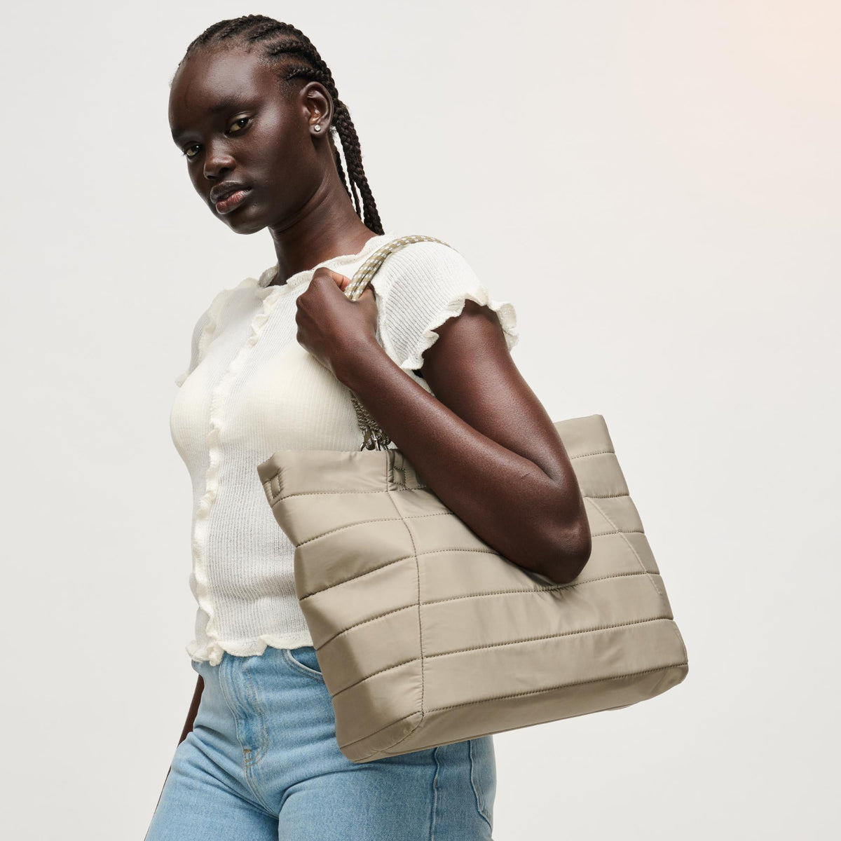 Woman wearing Sage Urban Expressions Lyla Tote 840504206139 View 4 | Sage
