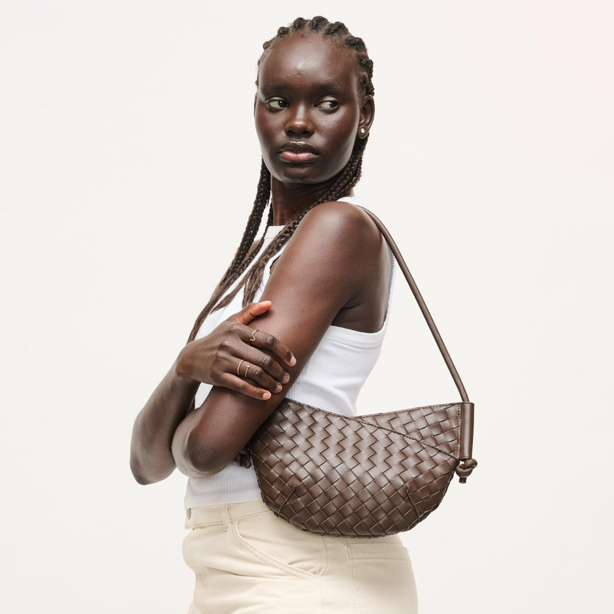 Woman wearing Chocolate Urban Expressions Oakley Shoulder Bag 840504204227 View 2 | Chocolate
