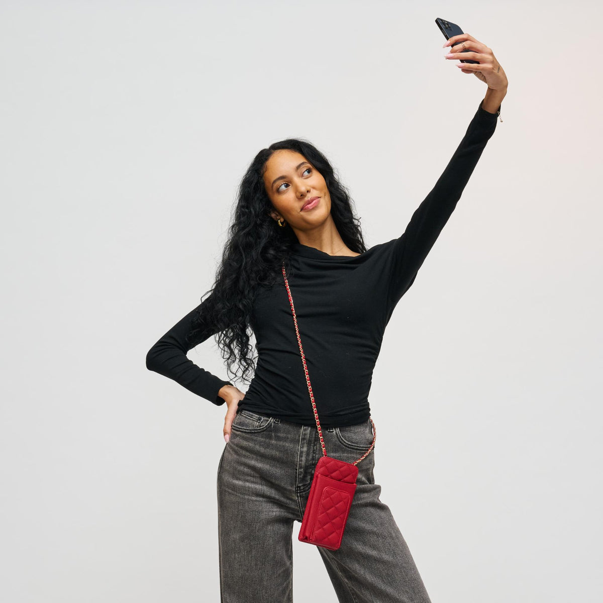 Woman wearing Red Urban Expressions Brianna Cell Phone Crossbody 840504201387 View 4 | Red