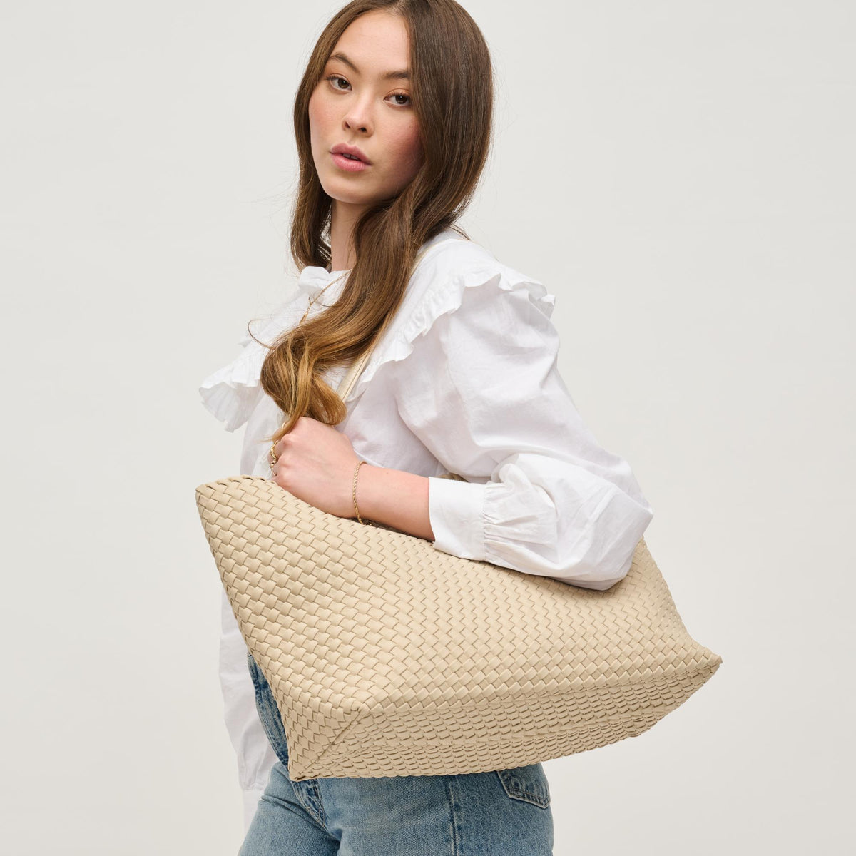 Woman wearing Cream Urban Expressions Evie Tote 840611146793 View 2 | Cream