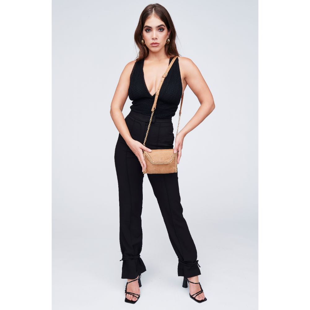 Woman wearing Camel Urban Expressions Felicia Crossbody 818209011525 View 3 | Camel