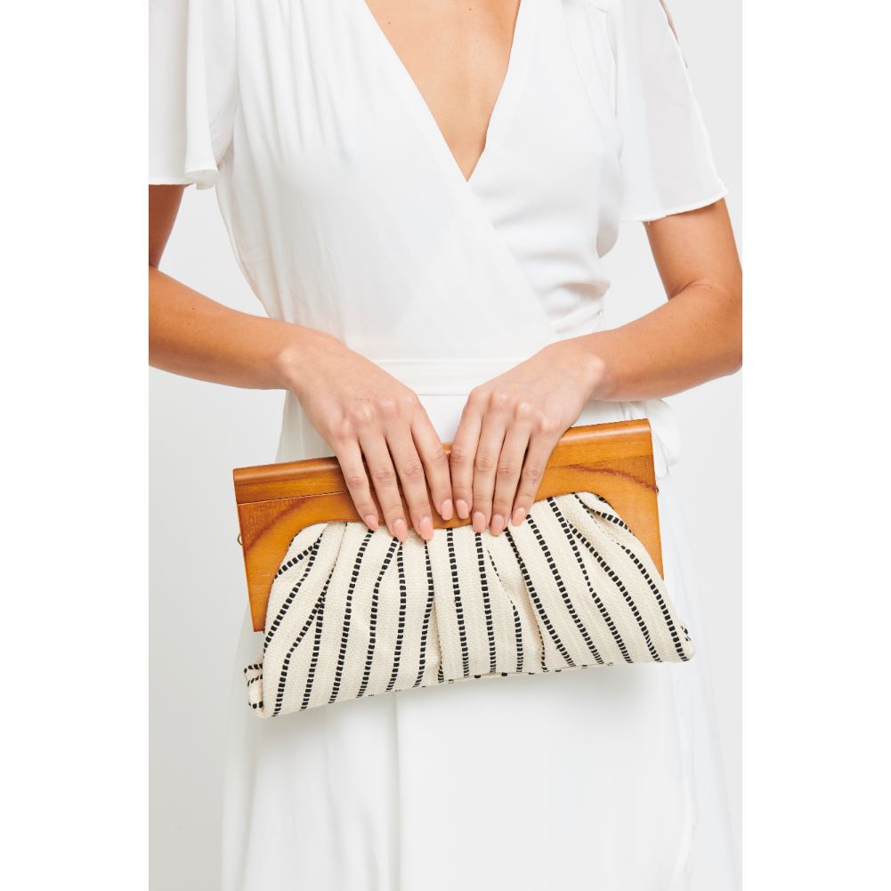 Woman wearing Black White Stripe Urban Expressions Calypso Clutch 840611182166 View 2 | Black White Stripe