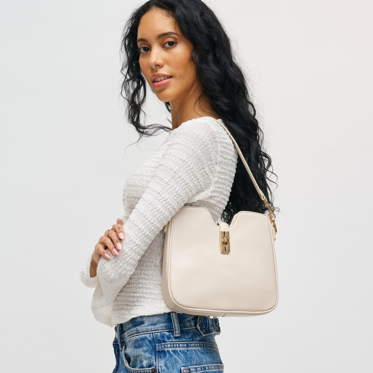 Woman wearing Oatmilk Urban Expressions Melissa Tote 840611199164 View 2 | Oatmilk