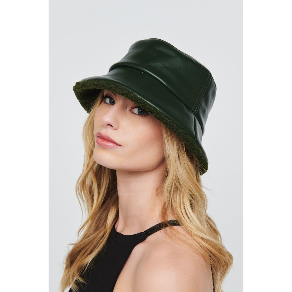 Woman wearing Olive Urban Expressions Shearling Trim Bucket Hat Bucket Hat 818209014694 View 2 | Olive