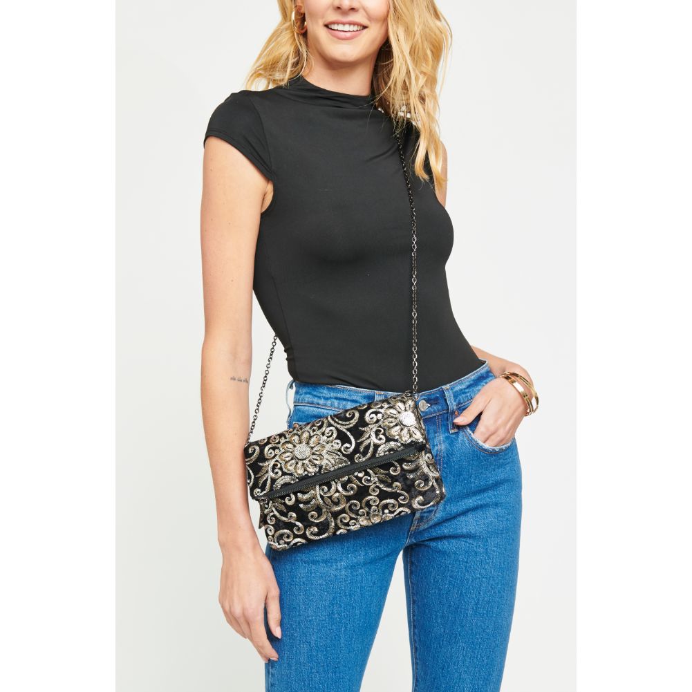 Woman wearing Gold Urban Expressions Rhapsody Clutch 840611139719 View 1 | Gold