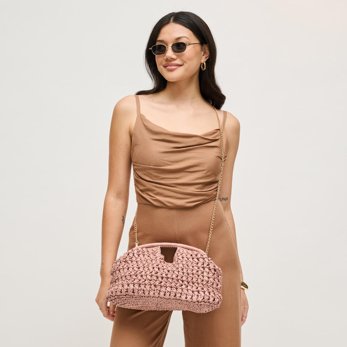 Woman wearing Mauve Urban Expressions Abigail Crossbody 840504204142 View 2 | Mauve