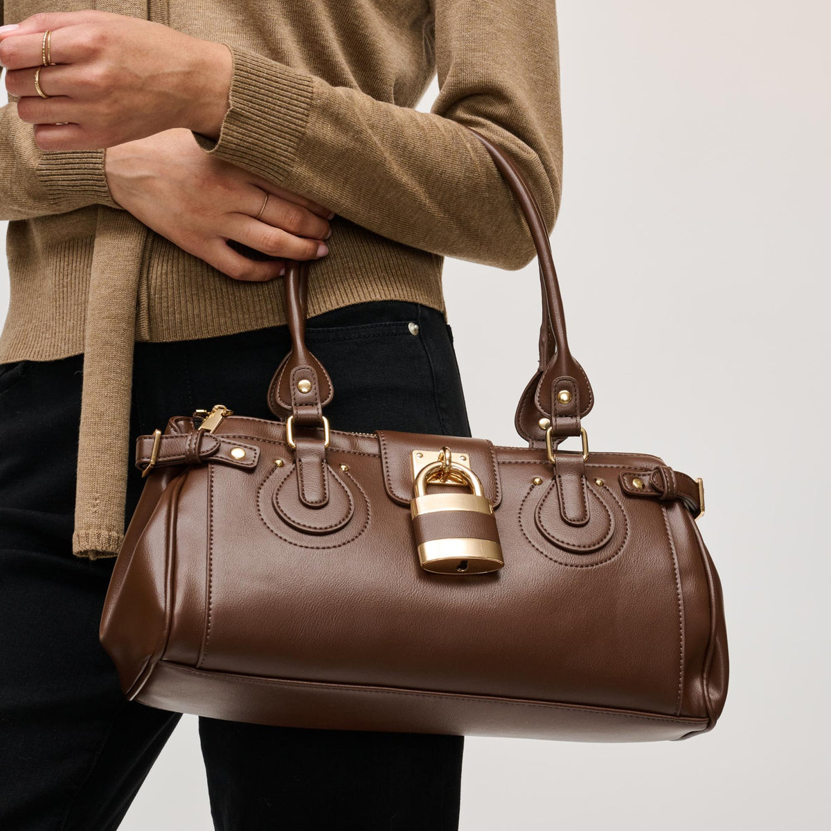 Woman wearing Brown Urban Expressions Moda Satchel 840504211690 View 2 | Brown